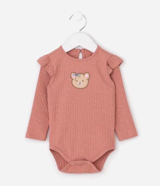 Body Infantil Manga Larga en Rib con Bordado de Lunares y Oso – Talle 0 a 18 Meses
