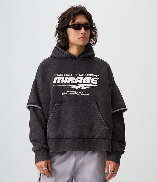 Algodón Oversized en Algodón Estampado con Capucha y Manga Sobrepuesta
