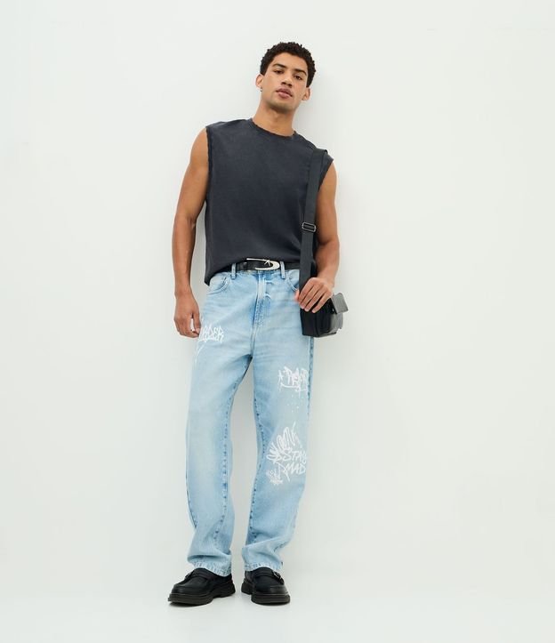 Pantalón Baggy en Jeans con Lettering Grafite