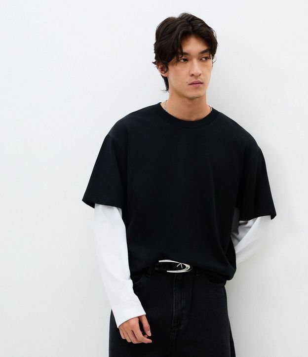 Remera Oversized Manga Larga en Algodón con Manga Corta Sobrepuesta