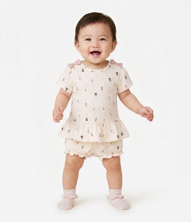 Conjunto Infantil Blusa Manga Corta y Short Floral de Lunares – Talle 0 a 18 Meses 1
