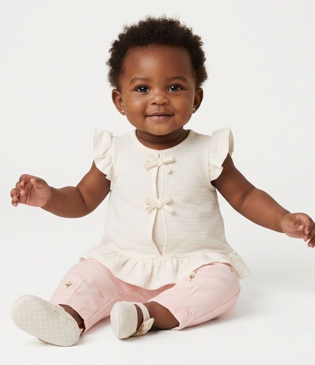 Blusa Infantil con Volados y Moñitas Aplicadas – Talle 0 a 18 Meses
