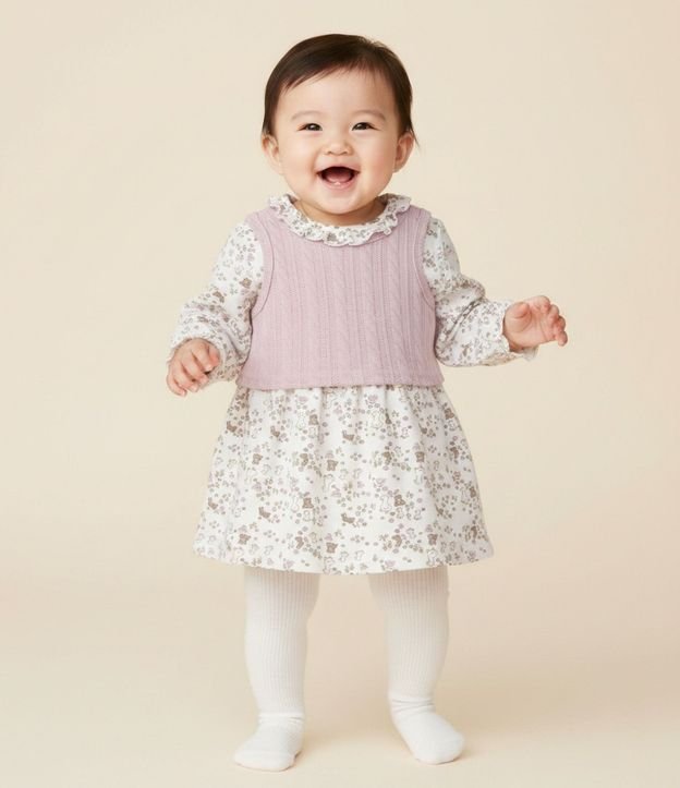 Vestido Infantil Floral con Chaleco - Talle 0 a 18 Meses