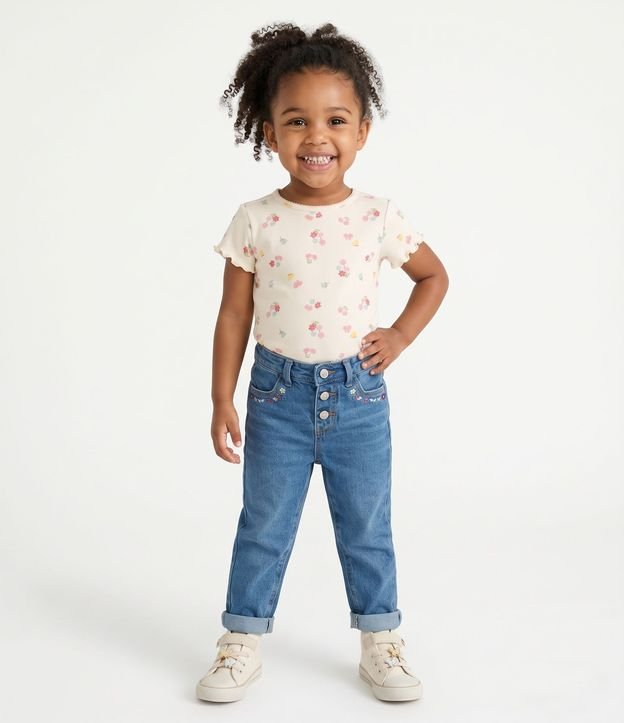 Pantalón Mom Infantil con Bordado de Flor - Talle 1 a 6 años