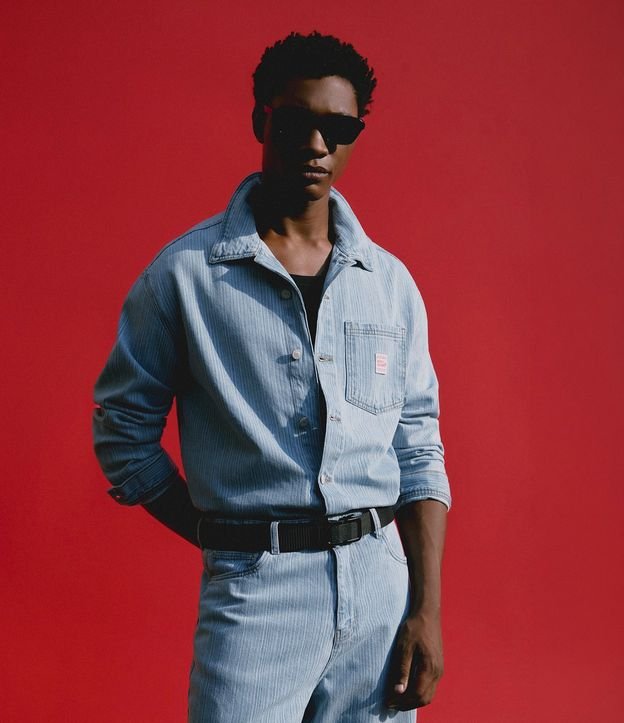 Camisa Boxy Manga Larga en Jeans Liso con Textura