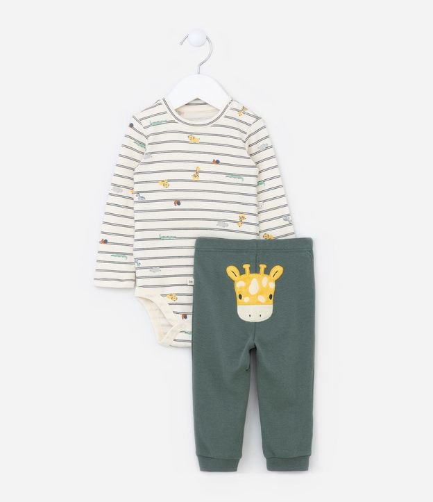 Conjunto Infantil Body Listrado y Pantalón con Estampado Girafa – Talle RN a 18 Meses