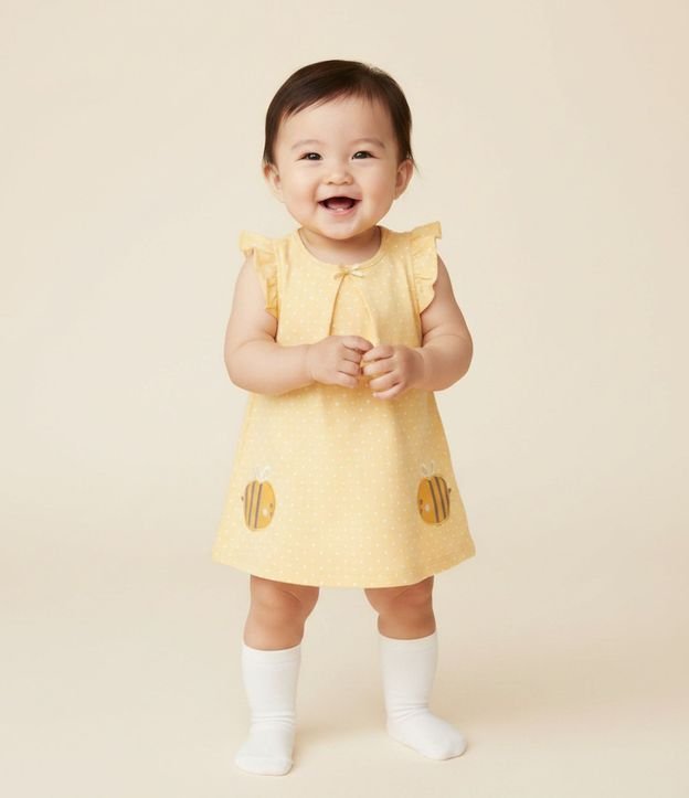 Vestido Body Infantil en Cotton con de Lunares y Bordado de Abejas – Talle 0 a 18 Meses