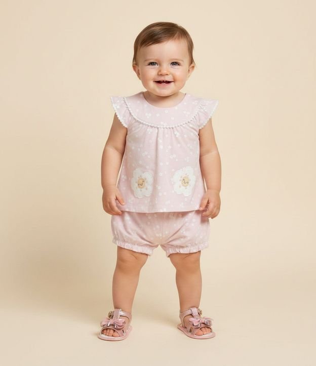 Conjunto Infantil Bata y Short en Algodón Floral Liberty – Talle 0 a 18 Meses