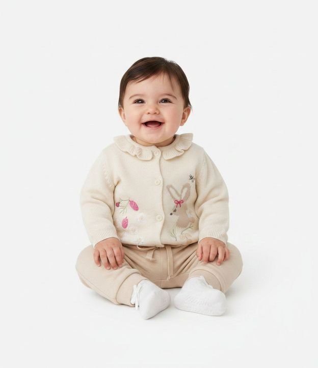 Cardigan Bebê en Punto Leve con Bordado Floral - Talle 0 a 18 Meses 1