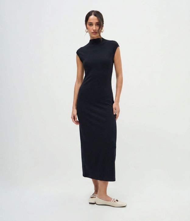 Vestido Midi en punto Roma con Hombros Contrastantes