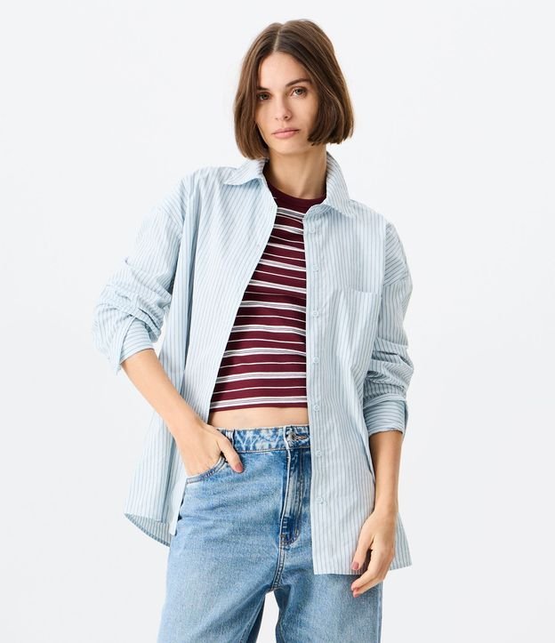 Camisa Oversized en Tricolina con Bolsos y Estampado Rayada