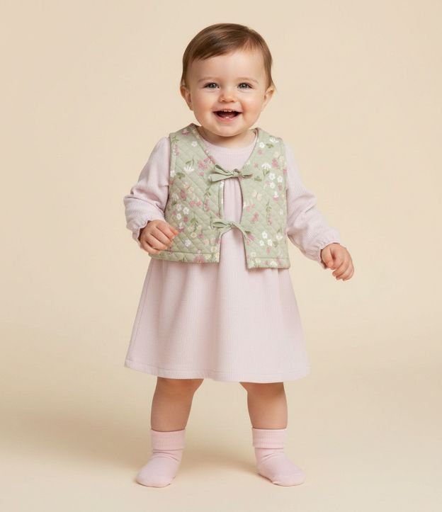 Vestido Bebé en Fleece con Chaleco Capitoneado Floral – Talle 0 a 18 Meses