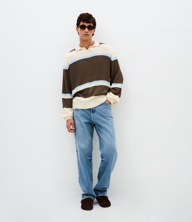 Suéter Masculino Rectilínea Listrado con Cuello Polo 2