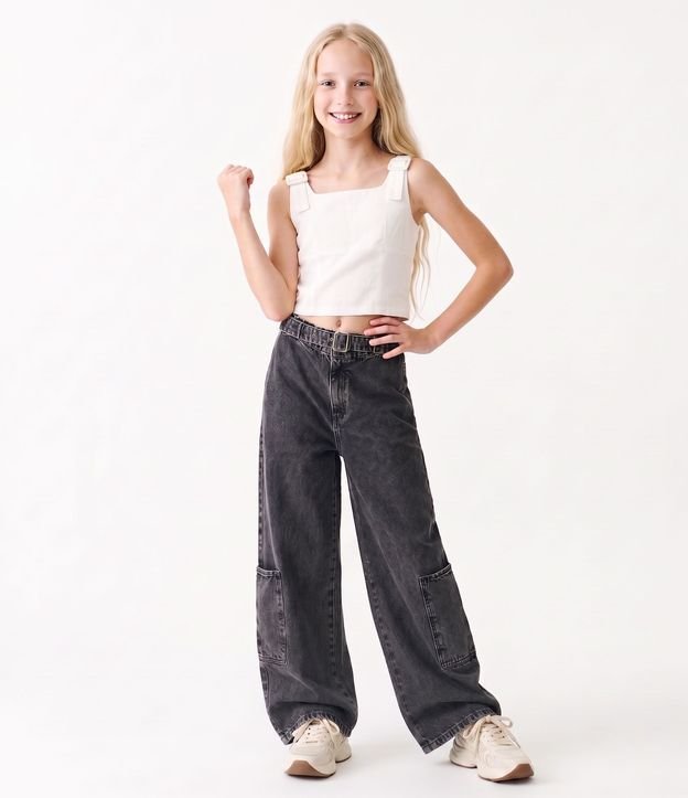 Pantalón Wide Leg Infantil en Jeans con Cinturón y Hebilla - Talle 5 a 16 años