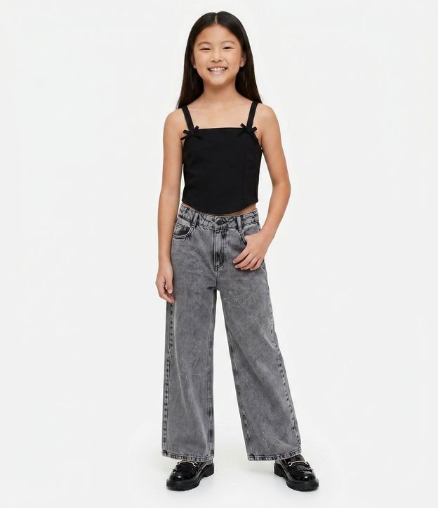 Pantalón Wide Leg Infantil en Jeans con Estrellas de Brillos - Talle 5 a 14 años
