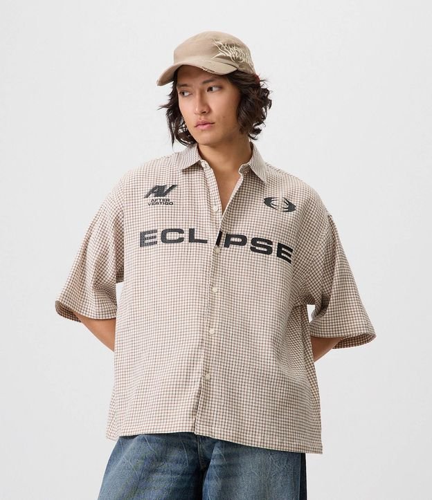Camisa Oversized en Algodón con Textura Grid y Lettering Eclipse