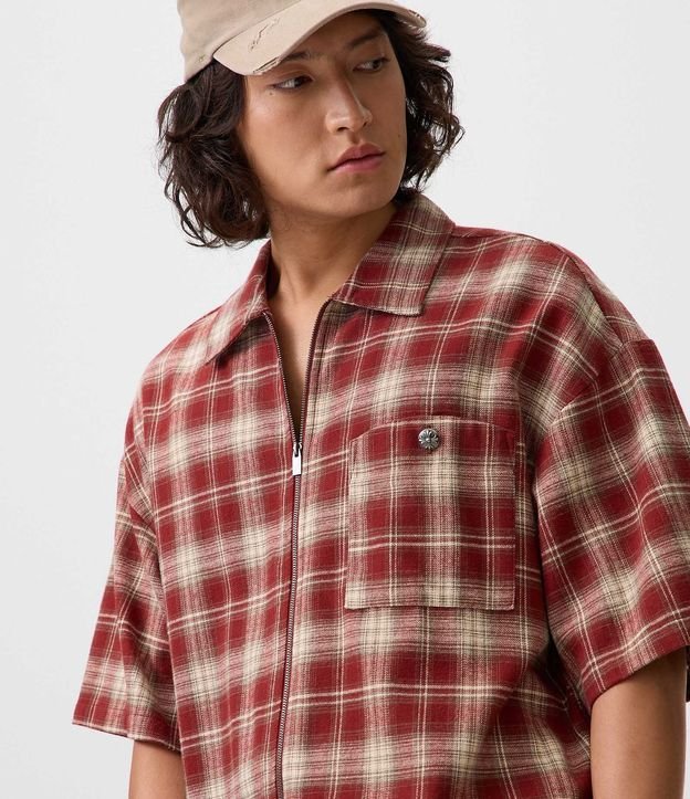 Camisa Relaxed en Franela de Cuadros con Cremallera