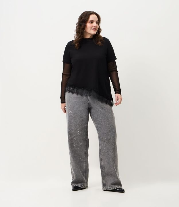 Pantalón de Jean Recto Cinza con Brillos Curve & Plus Size
