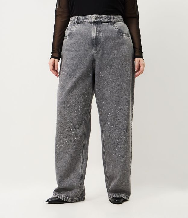 Pantalón de Jean Recto Cinza con Brillos Curve & Plus Size 2