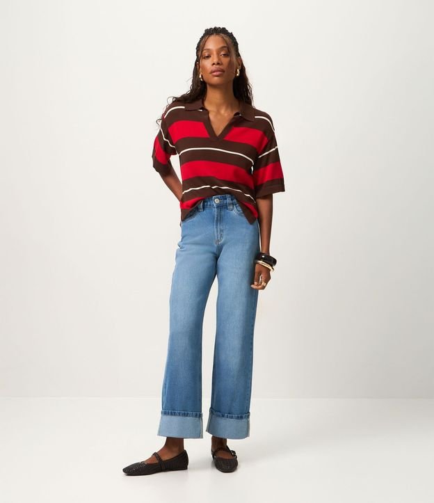 Pantalón Recto Comfort en Jeans con Cintura Alta y Ruedo Plegado