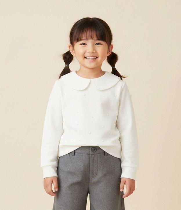 Sueter Infantil con Cuello Muñeca y Aplicación de Perlas – Talle 5 a 14 años