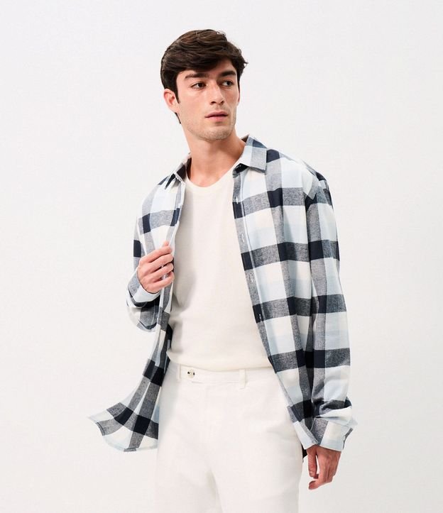 Camisa Comfort en Algodón con Estampado de Cuadros y Mangas Largas