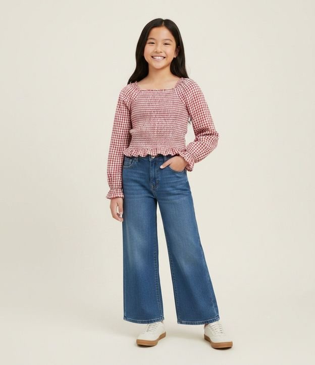 Blusa Regular Infantil de Cuadros con Escote Cuadrado y Fruncido – Talle 7 a 16 años