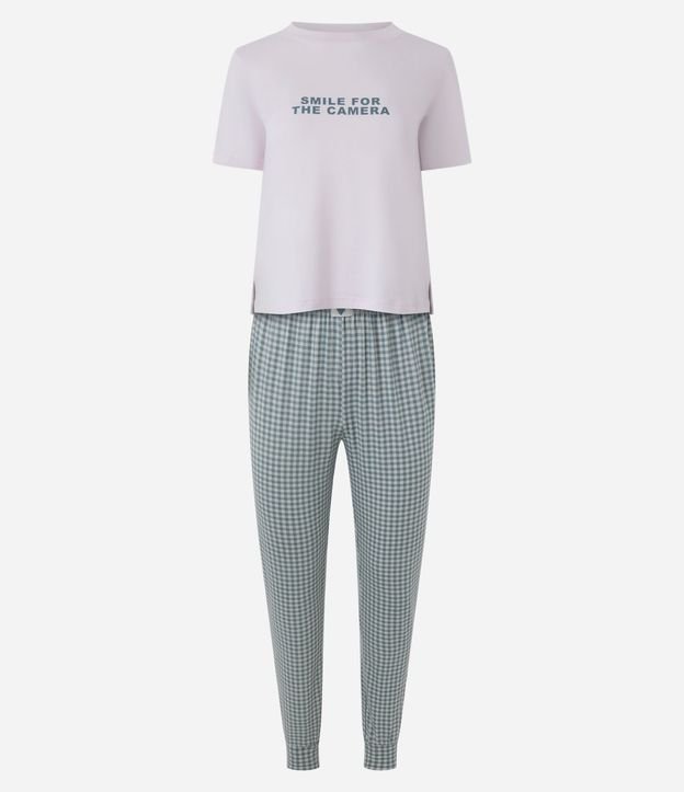 Pijama Largo en Peach Touch con Estampado de Cuadros y Lettering 5