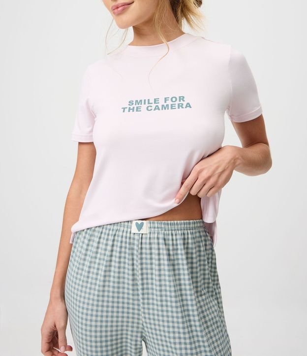 Pijama Largo en Peach Touch con Estampado de Cuadros y Lettering 3