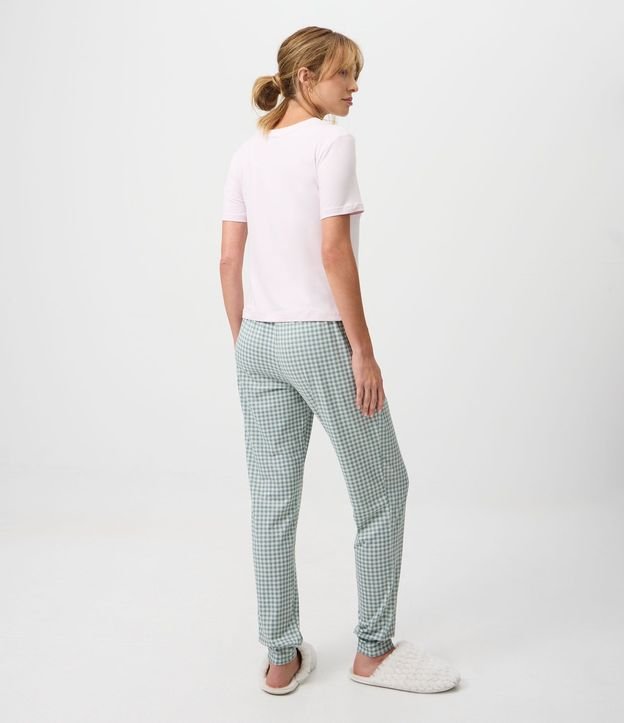 Pijama Largo en Peach Touch con Estampado de Cuadros y Lettering 4
