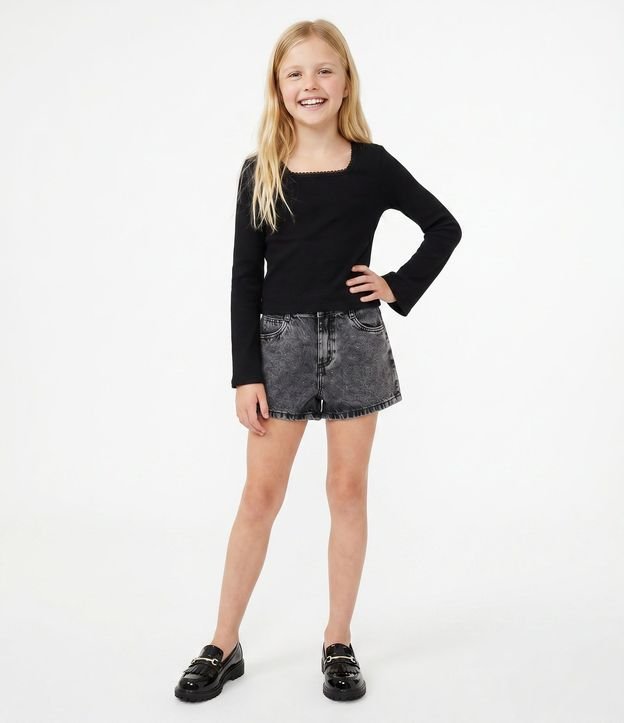 Blusa Infantil Manga Larga con Escote Cuadrado y Encaje – Talle 7 a 16 años