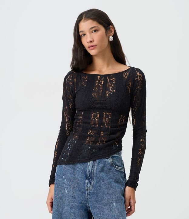 Blusa Asimétrica Manga Larga en Encaje con Fruncido Lateral 1