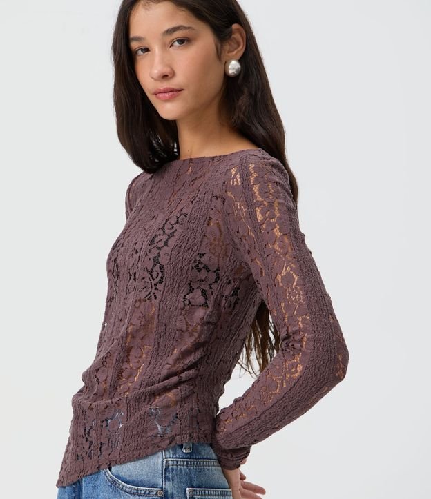 Blusa Asimétrica Manga Larga en Encaje con Fruncido Lateral