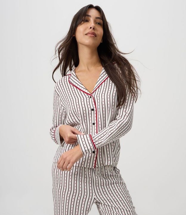 Pijama Larga Americana con Estampado de Rayas y Corazones 2