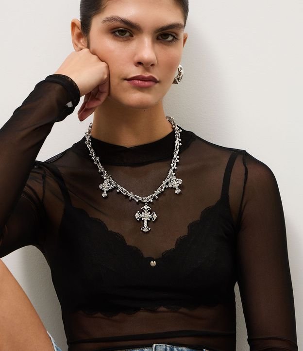 Conjunto de Collar Corto con Colgantes de Cruz y Caravanas Aro 1
