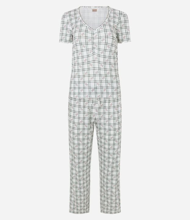 Pijama Largo en Peach Touch con Estampa de Cuadros y Flores 5