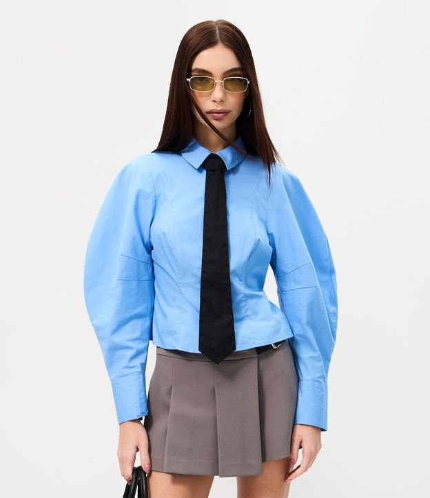 Camisa en Tricolina con Gravata y Mangas Abullonadas