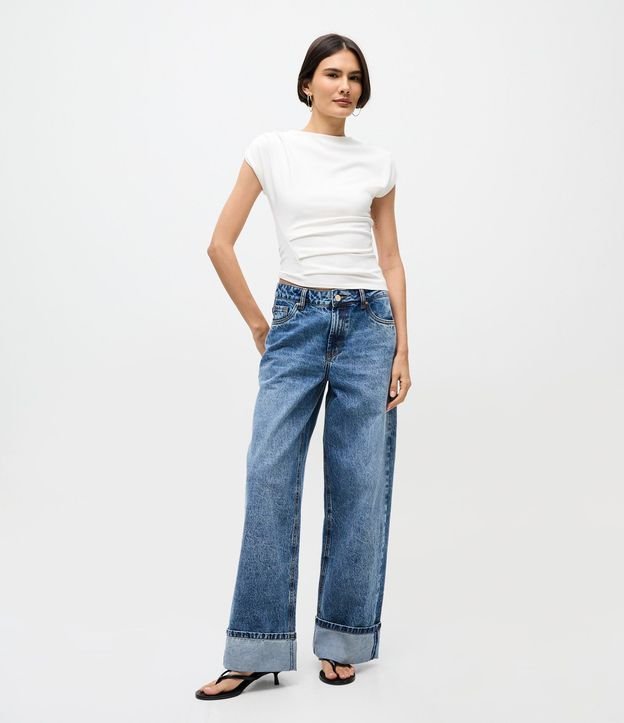 Pantalón Wide Leg Jeans con Cintura Baja y Ruedo Plegado 1