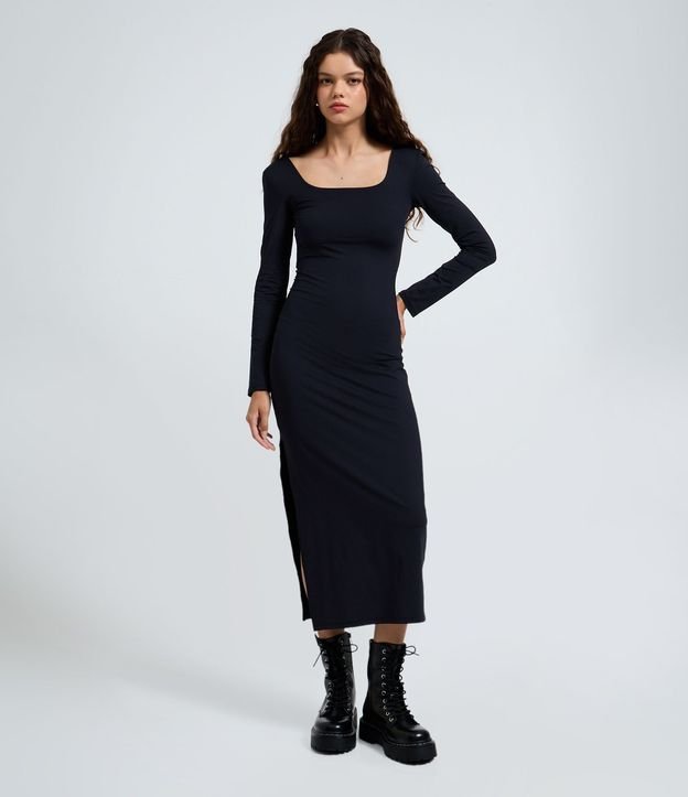Vestido Midi en Microfibra con Escote Cuadrado y Manga Larga