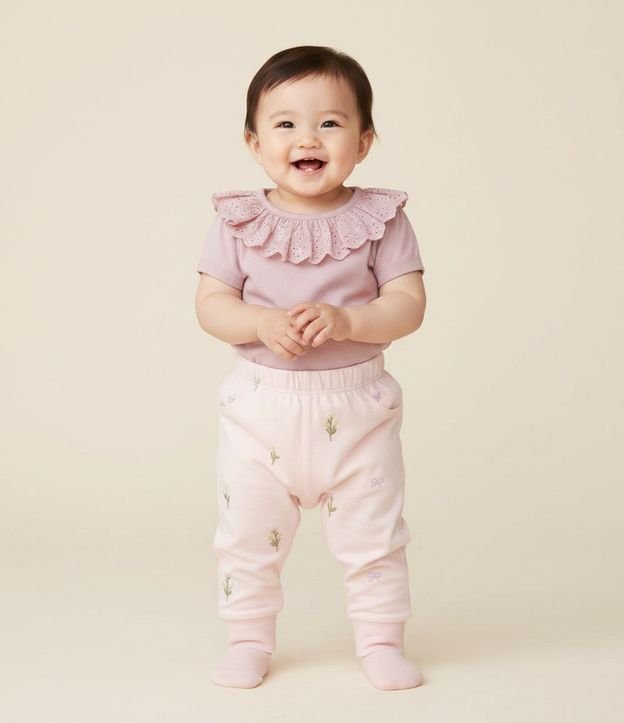 Pantalón Infantil en Sarga con Bordado Floral – Talle 3 a 18 Meses