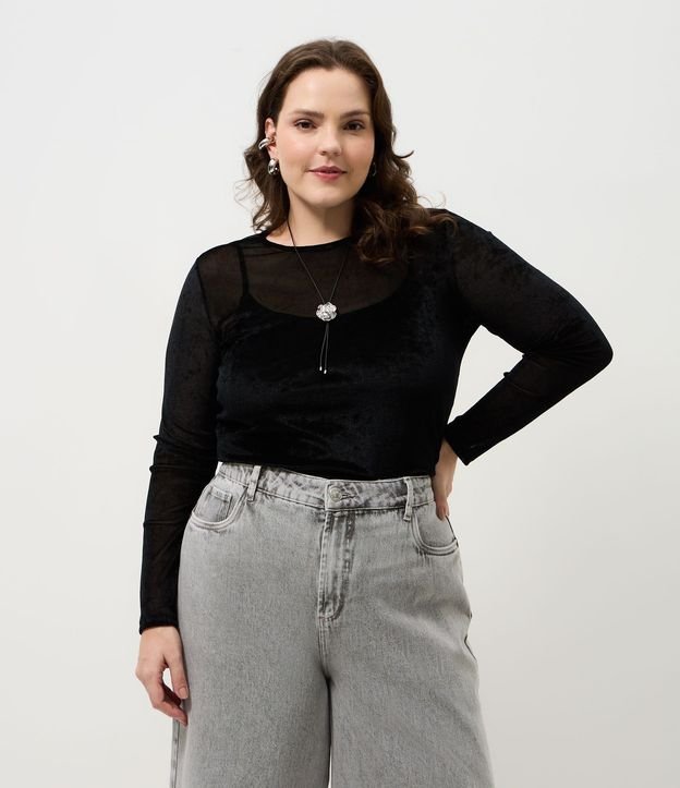 Blusa Tule Velvet Manga Larga Curve & Plus Size
