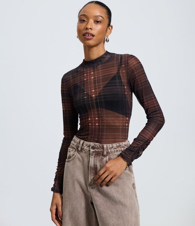 Blusa en Tule de Cuadros con Mangas Drapeadas 3