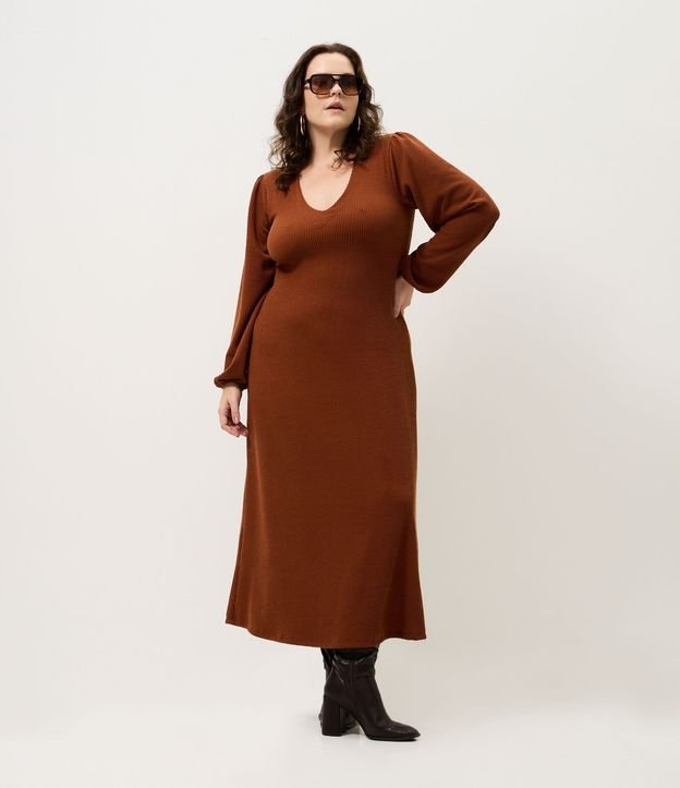 Vestido Midi Sorella con Manga Abullonada Curve & Plus Size