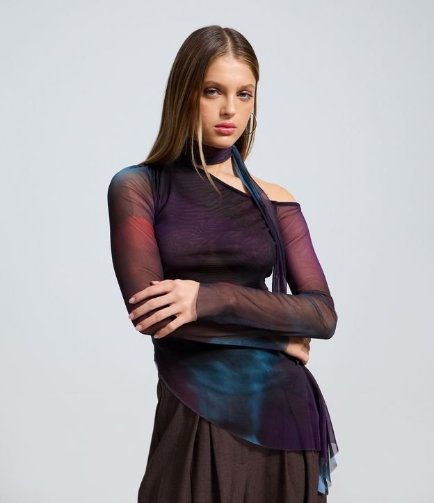 Blusa en Tule Estampado con Lazo en el Cuello 1