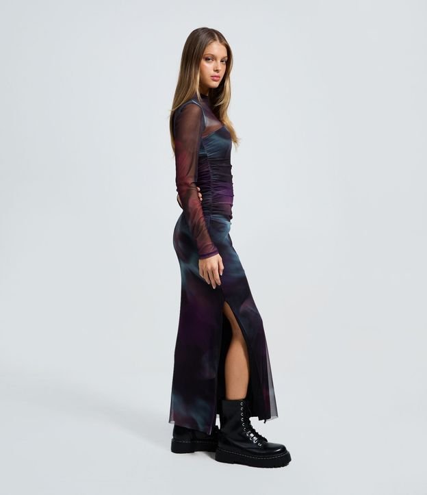 Vestido Midi en Tul con Efecto Manchado y Fruncidos 1