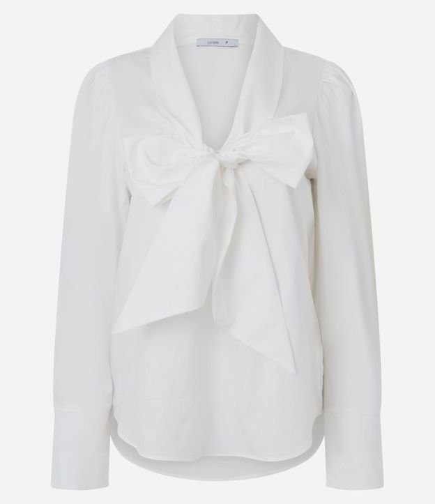Blusa en Algodón con Manga Abullonada y Cuello Lazo