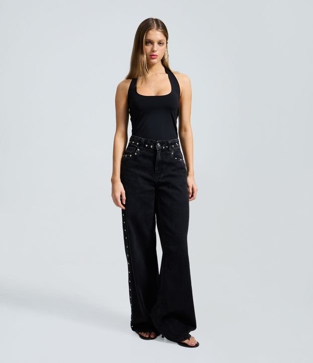 Pantalón Wide en Jeans con Tachas Laterales y Cintura Mediana 1
