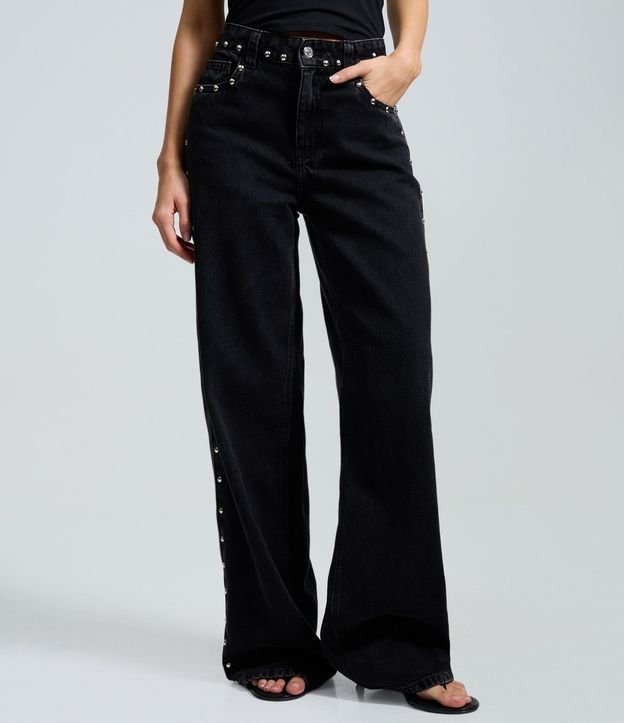 Pantalón Wide en Jeans con Tachas Laterales y Cintura Mediana 2