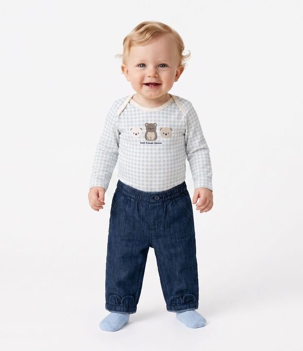 Pantalón Infantil en Jeans con Bordado de Orejas en el Ruedo – Talle 0 a 18 Meses