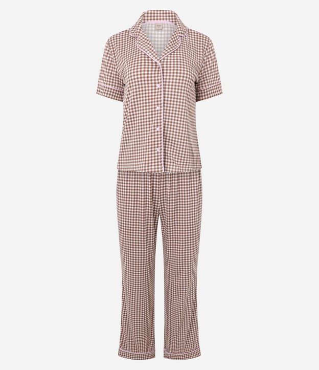 Pijama Larga Americana en Rib con Estampado de Cuadros Vichy 6